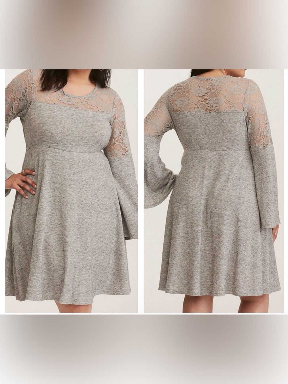 Torrid Midi Dress Size 1/XL Grey Knit Lace Yoke Bell Sleeve Fit Flare A-Line